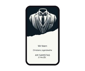 Einladungskarte zur Jugendweihe mit Anzug und Krawatte auf dem Handy